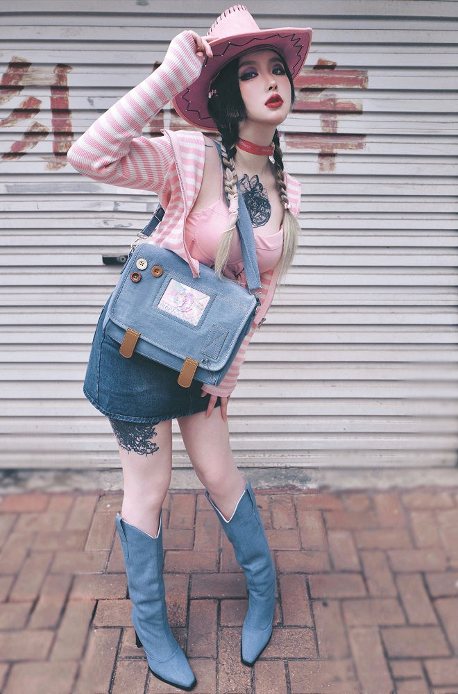 Buttons Decorated Light Blue Denim Ita Bag