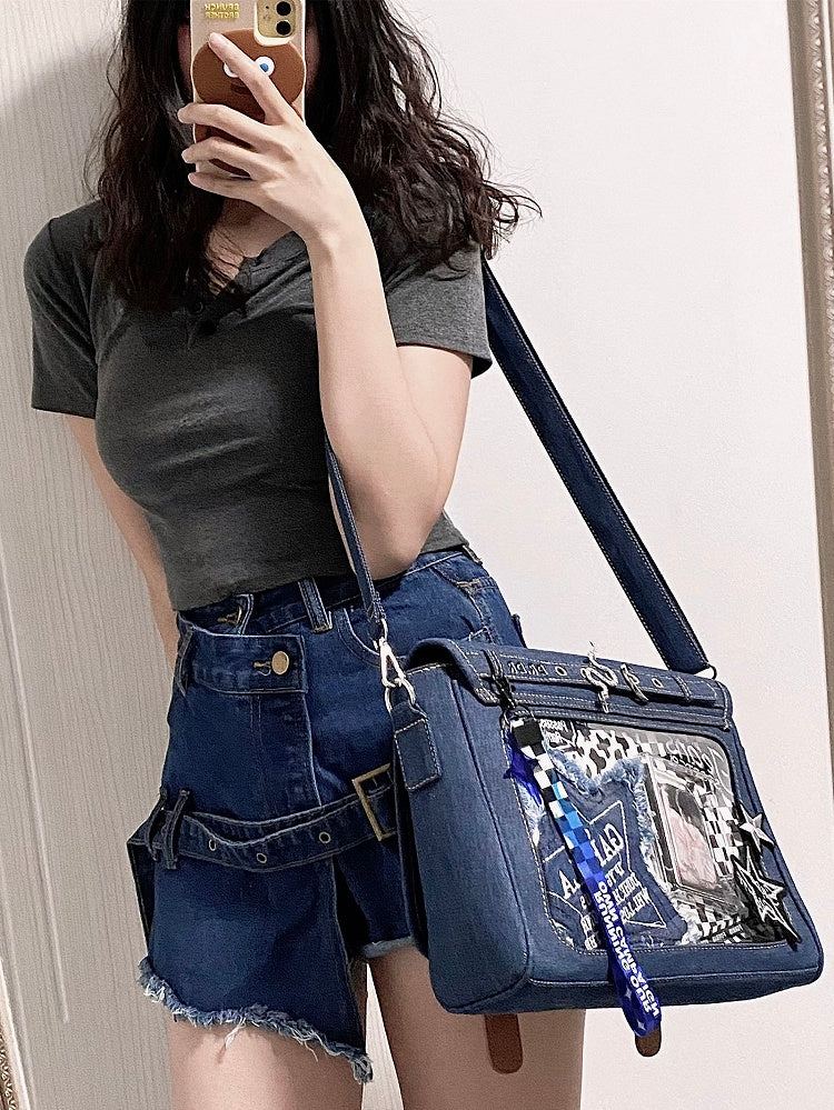 Buttons Decorated Dark Blue Denim Ita Bag