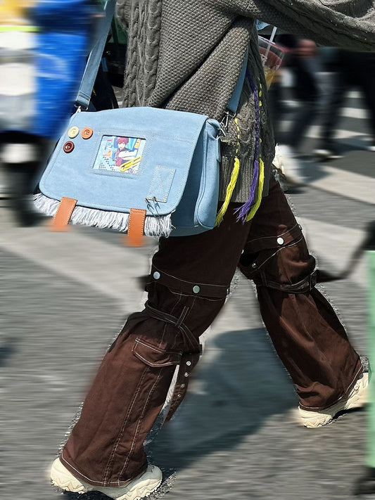 Buttons Decorated Light Blue Denim Ita Bag