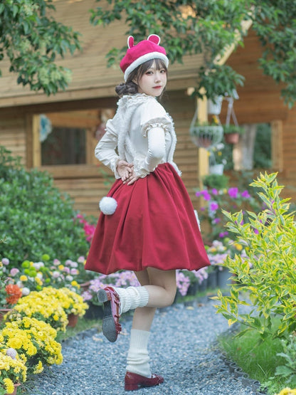 Clearance-Size S for Bust 90CM Souffle White Ruffle Trim Round Neck Autumn Knitted Top