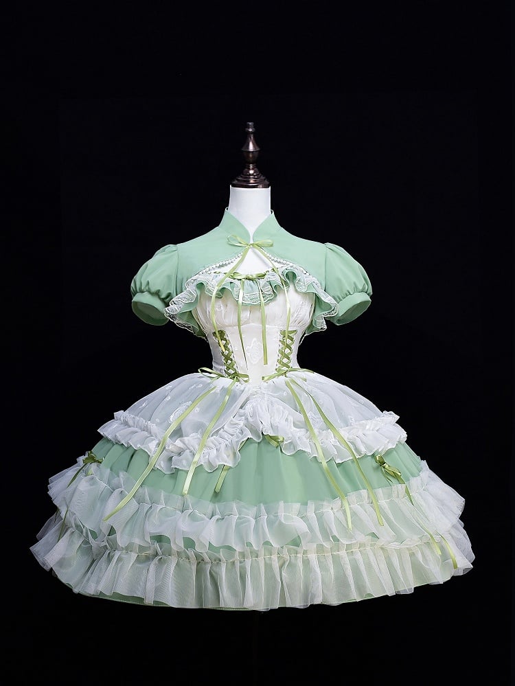 Plus Size Friendly Spring Sweet Basil Green Jumper Skirt Short Version Lace-up Detail Ruffle Drawstring Hem