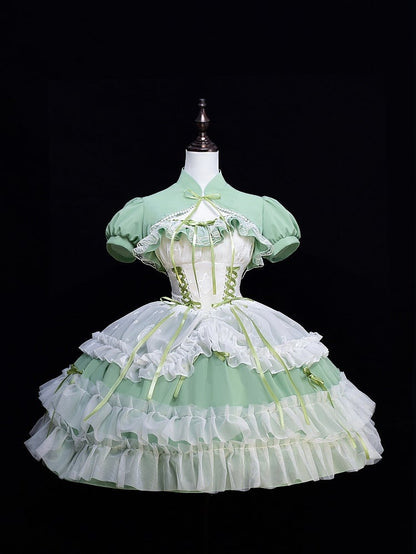 Plus Size Friendly Spring Sweet Basil Green Jumper Skirt Short Version Lace-up Detail Ruffle Drawstring Hem