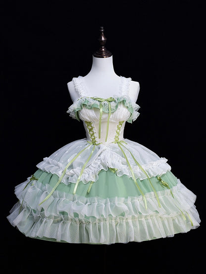 Plus Size Friendly Spring Sweet Basil Green Jumper Skirt Short Version Lace-up Detail Ruffle Drawstring Hem