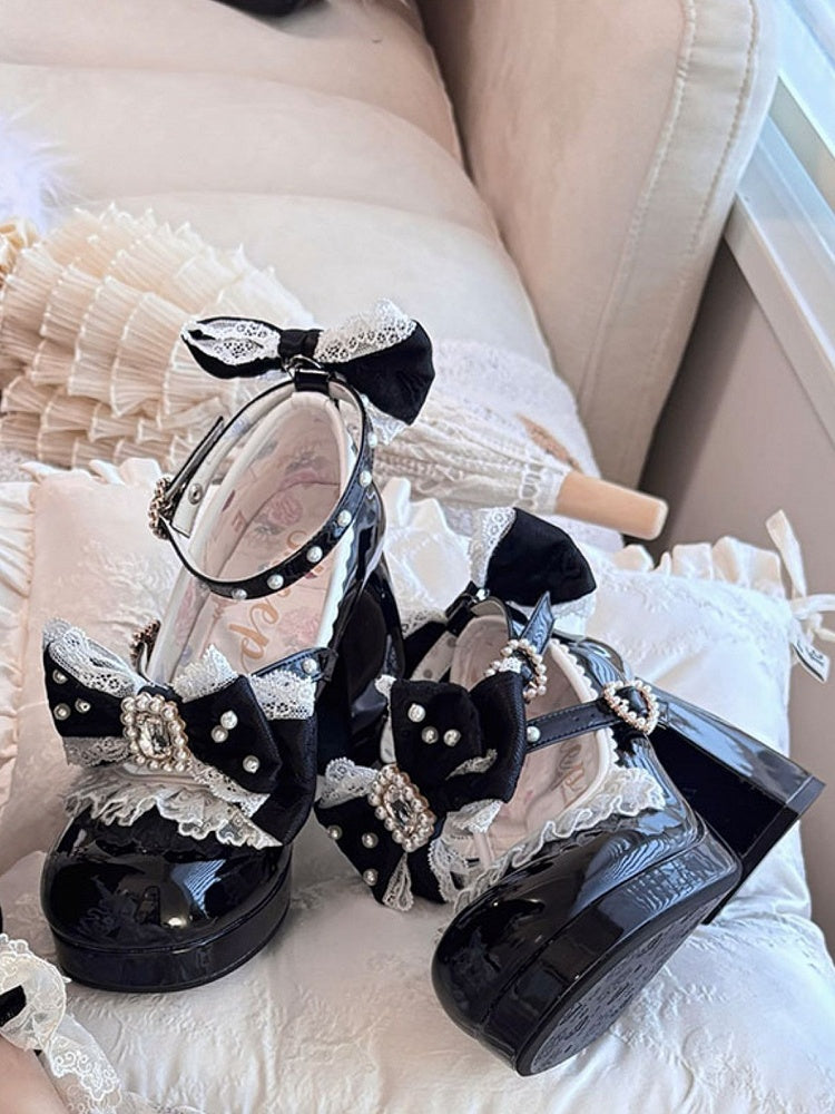 Polished Black Detachable Rhinestone And Beaded Decorated Bowknot Lace Trim Platform High Block Heels