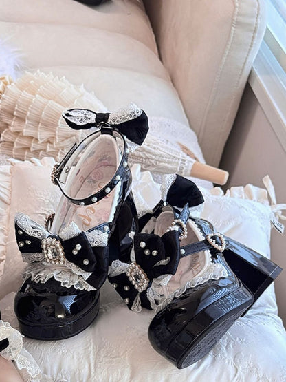 Polished Black Detachable Rhinestone And Beaded Decorated Bowknot Lace Trim Platform High Block Heels
