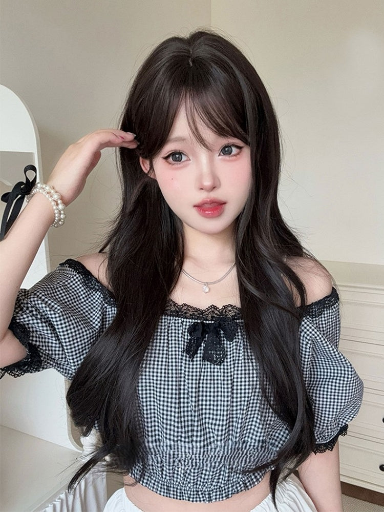 Black Tea 73CM Length Wavy Wig With Curtain Bangs