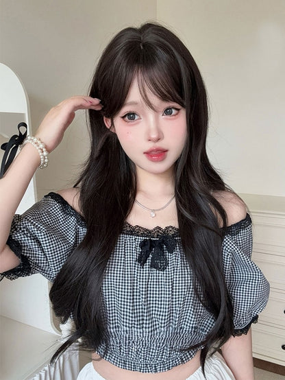 Black Tea 73CM Length Wavy Wig With Curtain Bangs