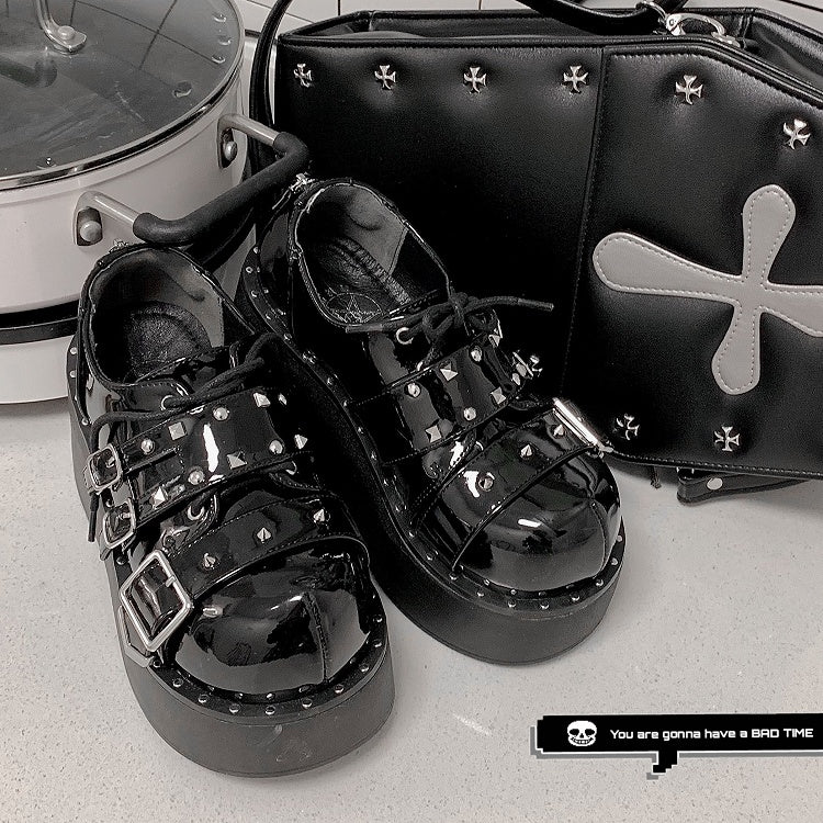 Devil's Trap Lace-up Closure Silver-tone Studs Polished Black Flatforms