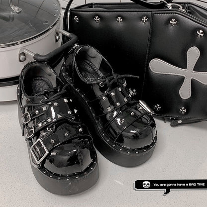 Devil's Trap Lace-up Closure Silver-tone Studs Polished Black Flatforms