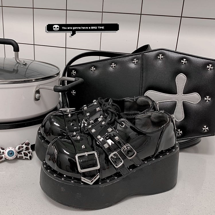 Devil's Trap Lace-up Closure Silver-tone Studs Polished Black Flatforms