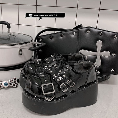 Devil's Trap Lace-up Closure Silver-tone Studs Polished Black Flatforms