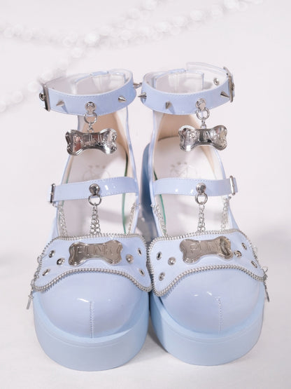 Metal Bones Decorated Blue Platforms Punk Shoes Studs Chain Design