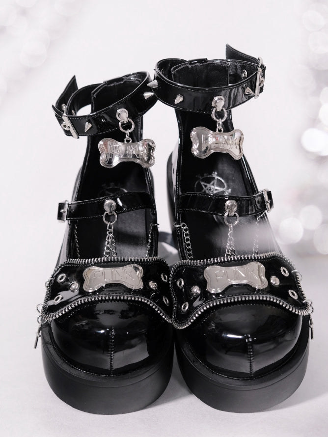Metal Bones Decorated Black Platforms Punk Shoes Studs Chain Design