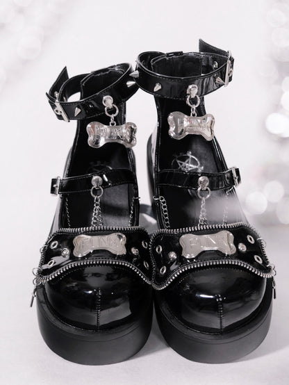 Metal Bones Decorated Black Platforms Punk Shoes Studs Chain Design