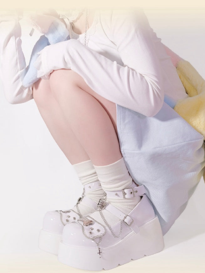 Metal Bones Decorated White Platforms Punk Shoes Studs Chain Design