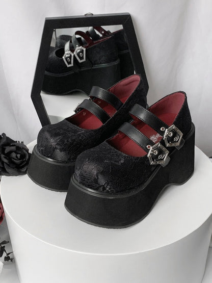 Double Buckle Straps Lace Black Punk Mary Janes