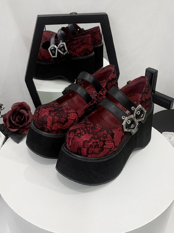 Buckle Straps Platforms Red Lace Round Toe Punk Shoes