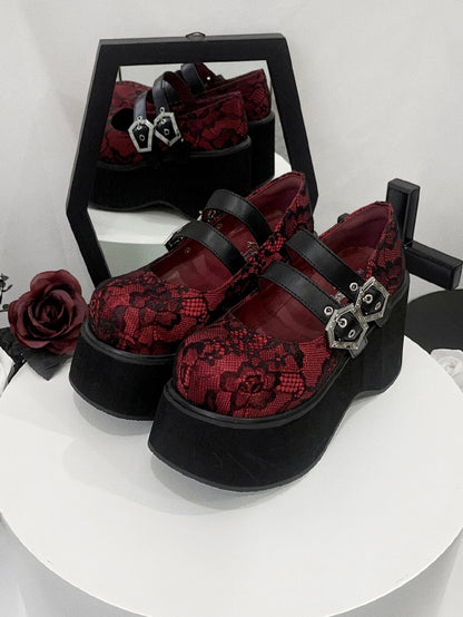 Buckle Straps Platforms Red Lace Round Toe Punk Shoes