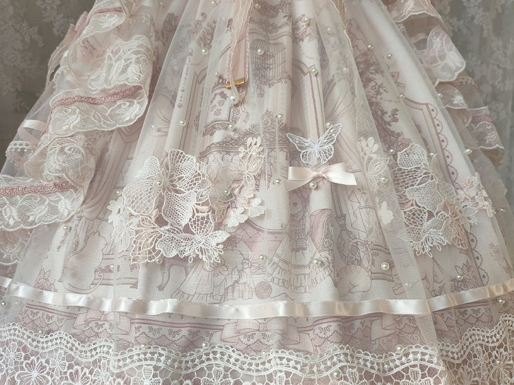 In Stock Sunset Scene Nature Waist Bowknot Details Embroidery Short Sleeves Hime One Piece Full Set