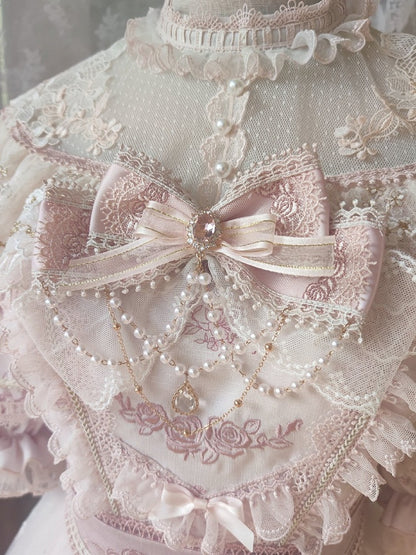 In Stock Sunset Scene Nature Waist Bowknot Details Embroidery Short Sleeves Hime One Piece Full Set