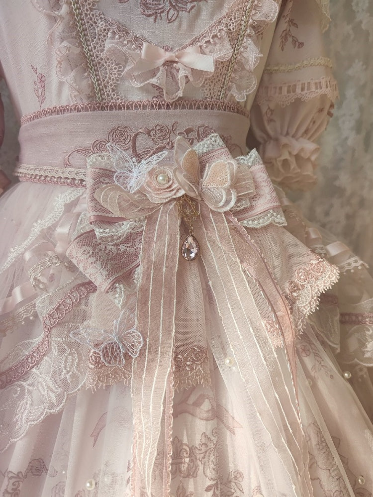 In Stock Sunset Scene Nature Waist Bowknot Details Embroidery Short Sleeves Hime One Piece Full Set