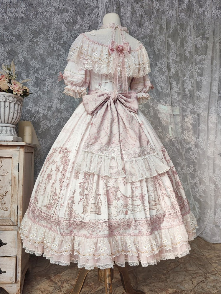 In Stock Sunset Scene Nature Waist Bowknot Details Embroidery Short Sleeves Hime One Piece Full Set