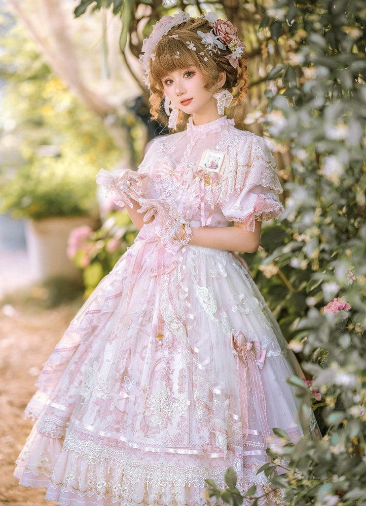 In Stock Sunset Scene Nature Waist Bowknot Details Embroidery Short Sleeves Hime One Piece Full Set