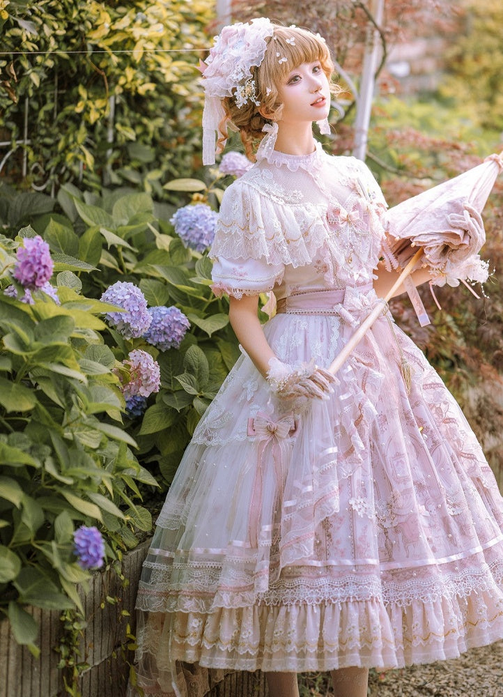 In Stock Sunset Scene Nature Waist Bowknot Details Embroidery Short Sleeves Hime One Piece Full Set