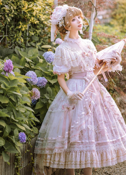 In Stock Sunset Scene Nature Waist Bowknot Details Embroidery Short Sleeves Hime One Piece Full Set