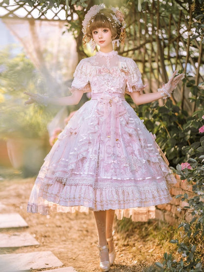 In Stock Sunset Scene Nature Waist Bowknot Details Embroidery Short Sleeves Hime One Piece Full Set