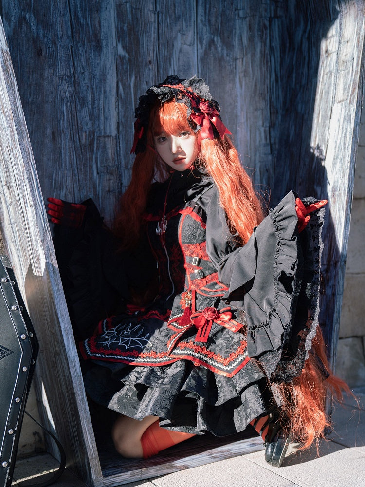 Black and Red Bat and Cross Embroidery Gothic Lolita JSK Zip Front and Buckle Side