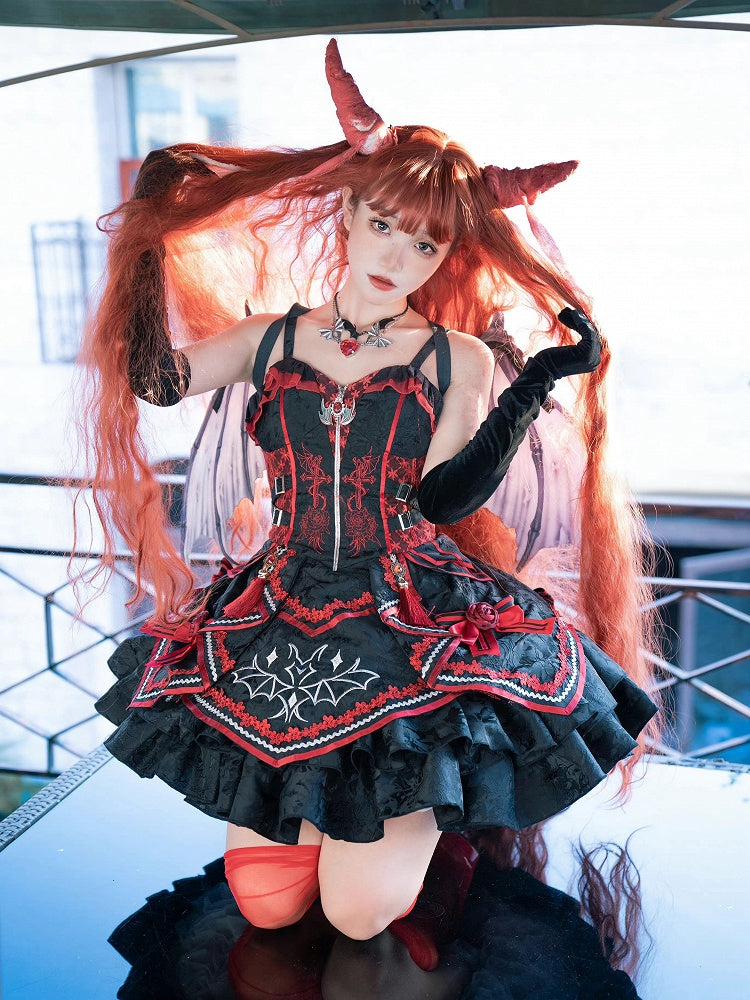 Black and Red Bat and Cross Embroidery Gothic Lolita JSK Zip Front and Buckle Side