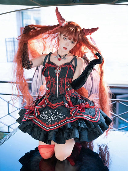 Black and Red Bat and Cross Embroidery Gothic Lolita JSK Zip Front and Buckle Side