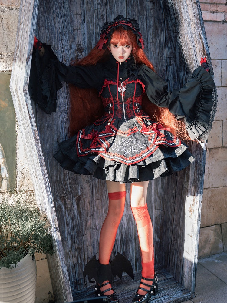 Black and Red Bat and Cross Embroidery Gothic Lolita JSK Zip Front and Buckle Side