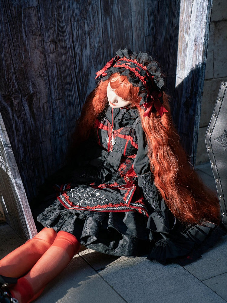 Black and Red Bat and Cross Embroidery Gothic Lolita JSK Zip Front and Buckle Side