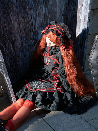 Black and Red Bat and Cross Embroidery Gothic Lolita JSK Zip Front and Buckle Side