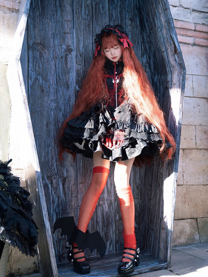 Black and Red Bat and Cross Embroidery Gothic Lolita JSK Zip Front and Buckle Side