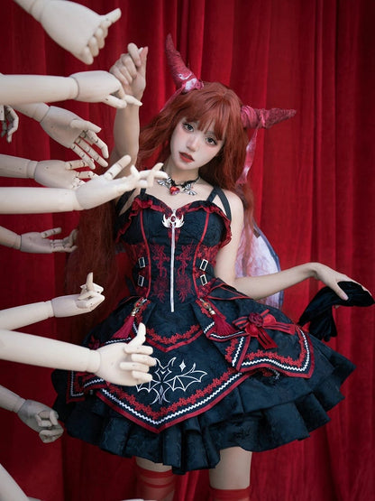 Black and Red Bat and Cross Embroidery Gothic Lolita JSK Zip Front and Buckle Side