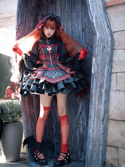 Black and Red Bat and Cross Embroidery Gothic Lolita JSK Zip Front and Buckle Side