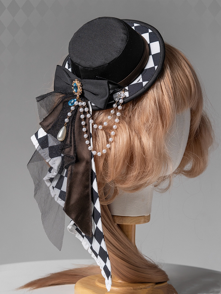 Ouji Lolita Dark Blue/Brown/Purple Checked Pattern Mini Hat with Beaded Chains
