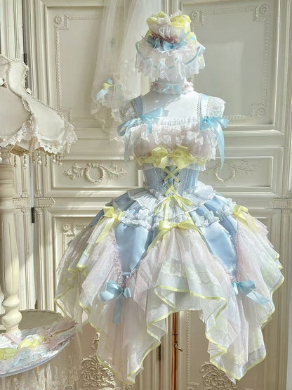 Blue and Yellow Basque Waist Fairycore Lolita Jumper Skirt with Layered Handkerchief Hem