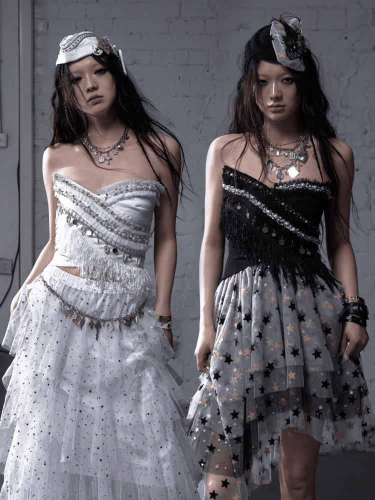 Baroque Bead Details Fringe Hem Black/White Crossover Design Strapless Top