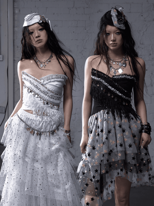 Baroque Bead Details Fringe Hem Black/White Crossover Design Strapless Top