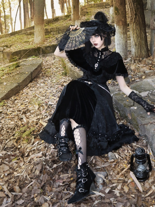 Coffin-shaped Buckle Straps Velvet Black Gothic Lolita High Heels