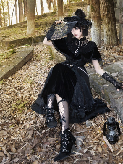 Coffin-shaped Buckle Straps Velvet Black Gothic Lolita High Heels