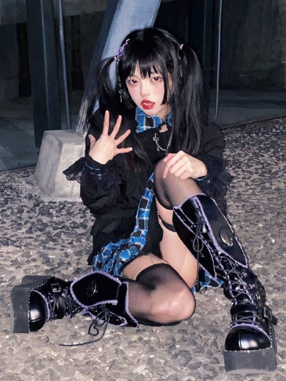 Bad Bunny Lace Trim Bunny Ears Platform Boots Black&Purple PU Gothic Shoes