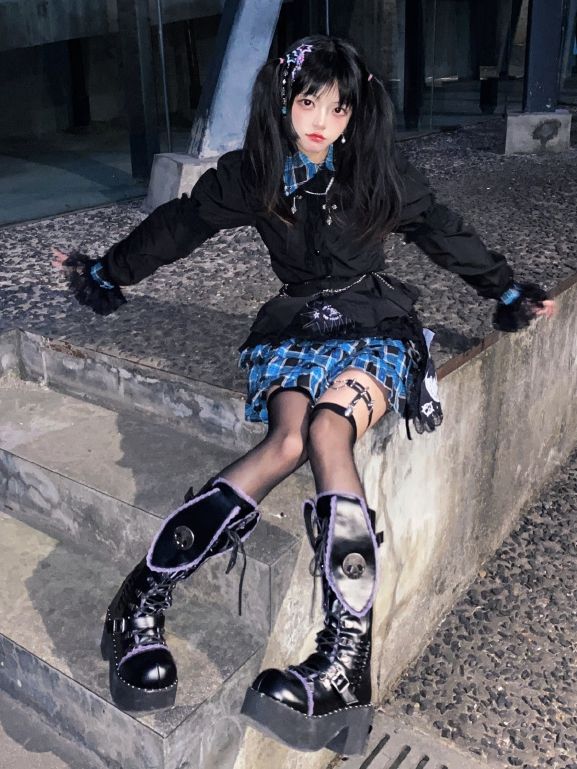 Bad Bunny Lace Trim Bunny Ears Platform Boots Black&Purple PU Gothic Shoes