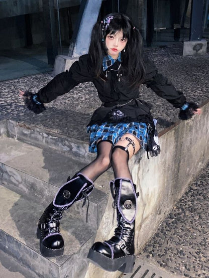 Bad Bunny Lace Trim Bunny Ears Platform Boots Black&Purple PU Gothic Shoes