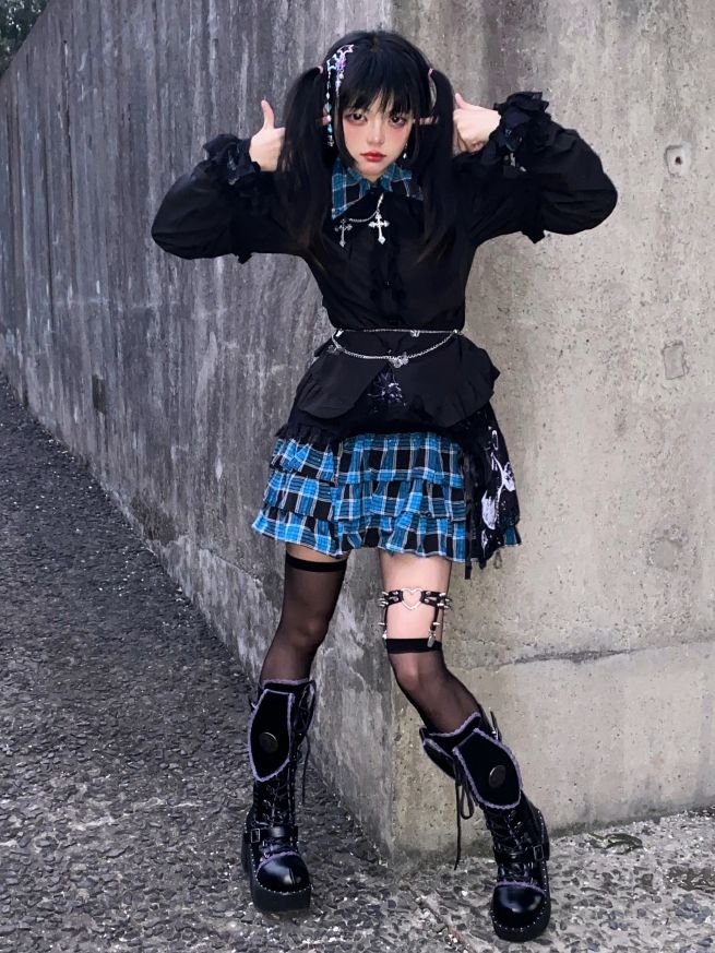 Bad Bunny Lace Trim Bunny Ears Platform Boots Black&Purple PU Gothic Shoes