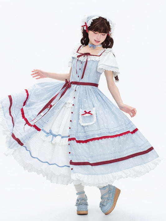 Plus Sizes Available Blue and White Classic Lolita OP + Small Bows Fabric Lolita JSK